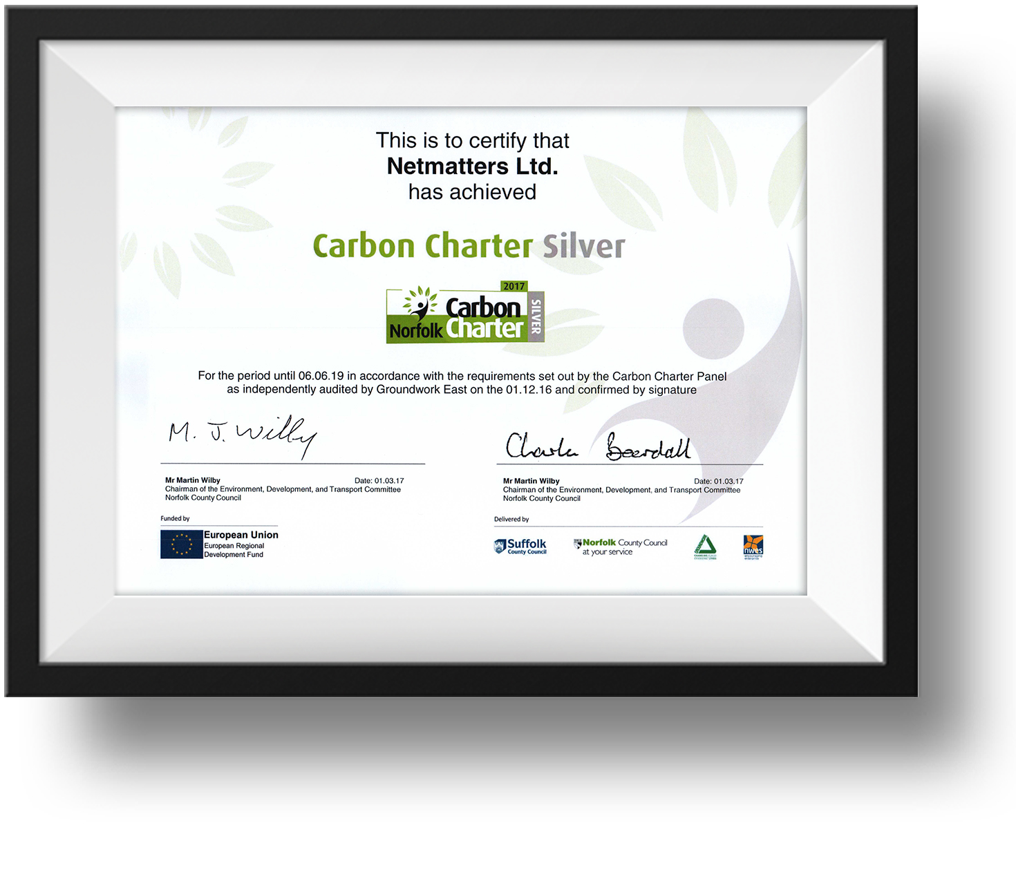 Netmatters - Achieved Carbon Charter Silver Award - Norwich, Norfolk, Suffolk, Cambridge and London 
